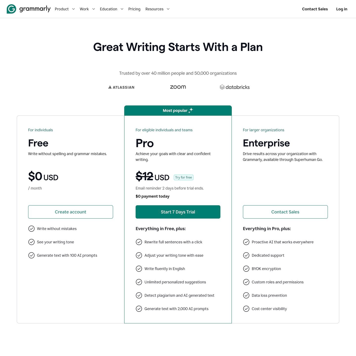 Grammarly pricing plans — Free, Pro, Enterprise